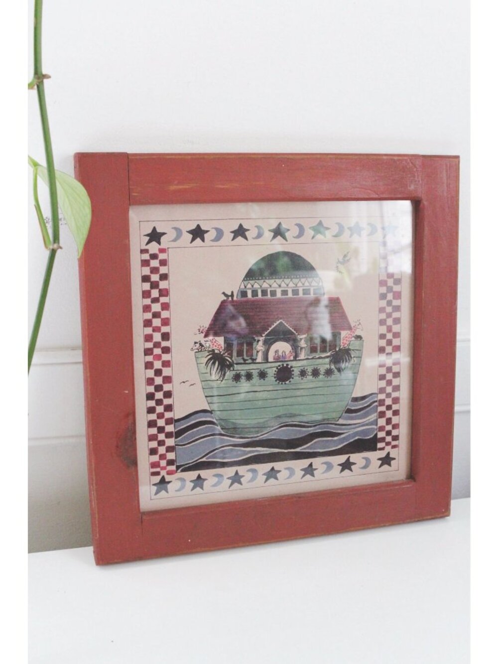 Vintage Noahs Ark Framed Folk Art Wall Decor - Red Wooden Frame - Cottagecore - Picture 2 of 5